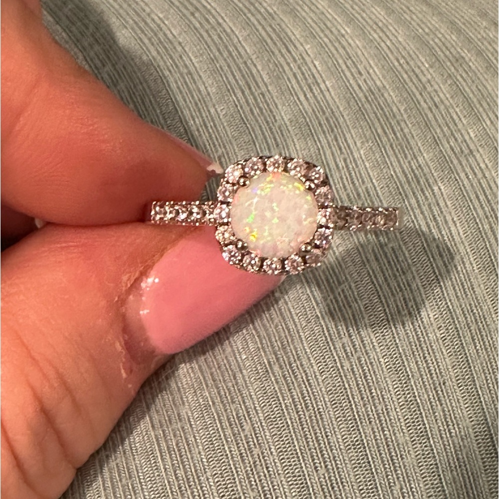 Size 10 Stunning Lab-Created Opal & Simulated Diamond Halo Ring